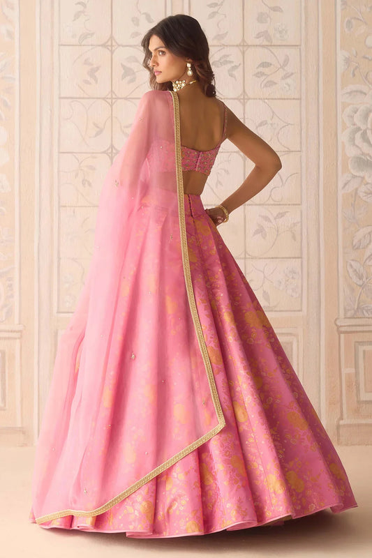Rent Coral Pink Brocade Pleated Lehenga Set