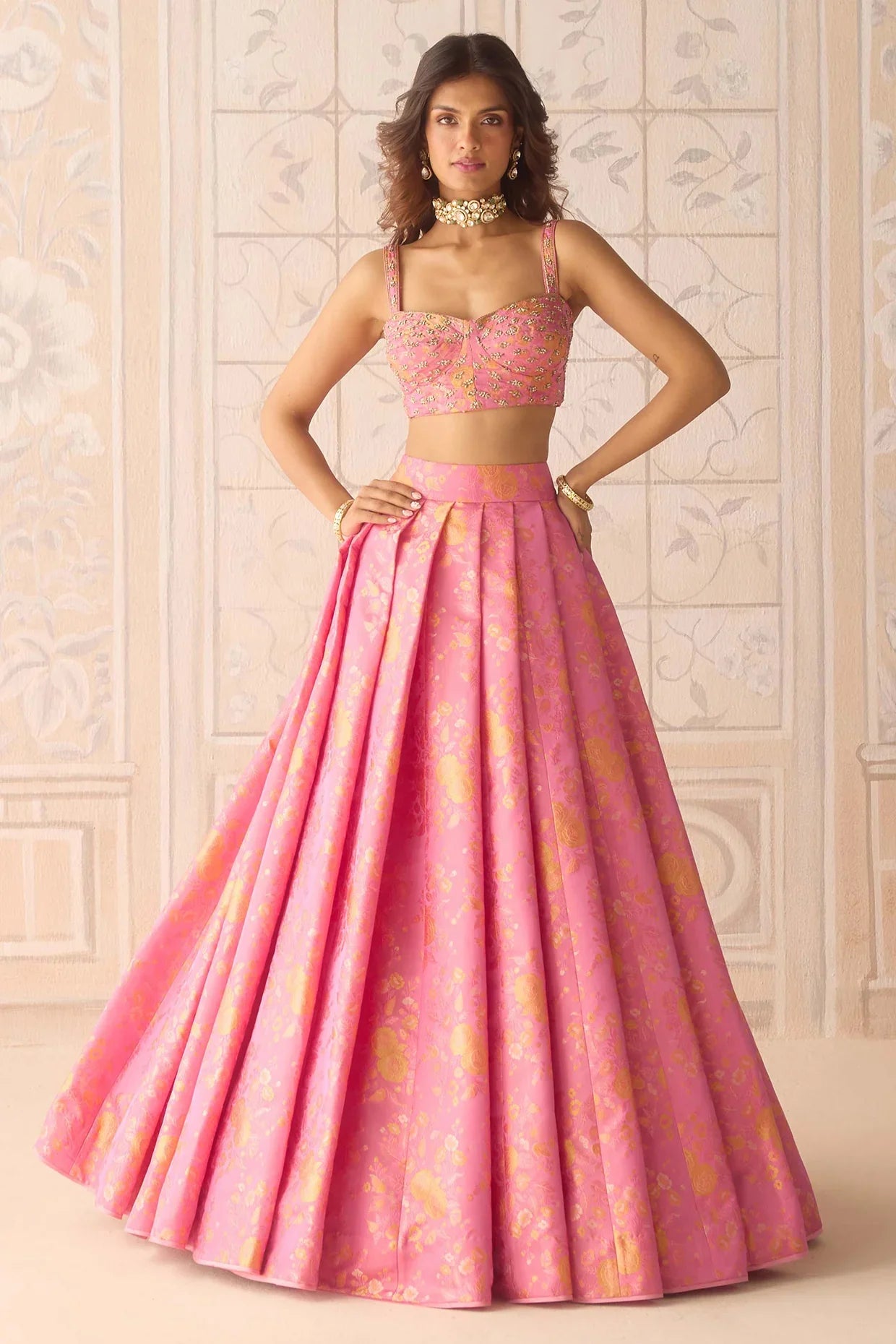 Rent Coral Pink Brocade Pleated Lehenga Set
