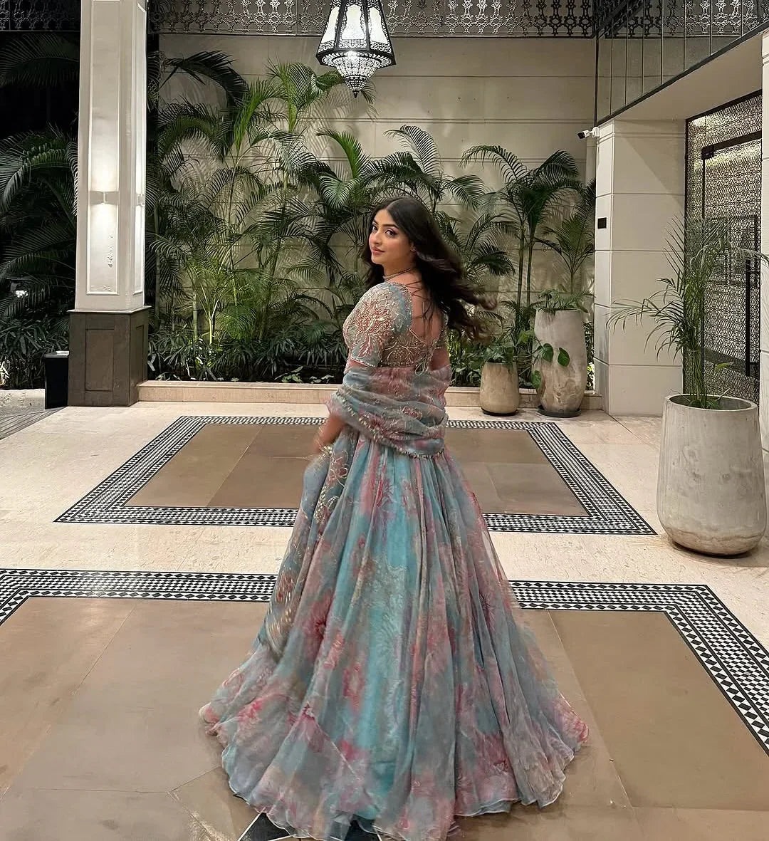 Rent Mahima Mahajan Aquamarine Organza Lehenga Set