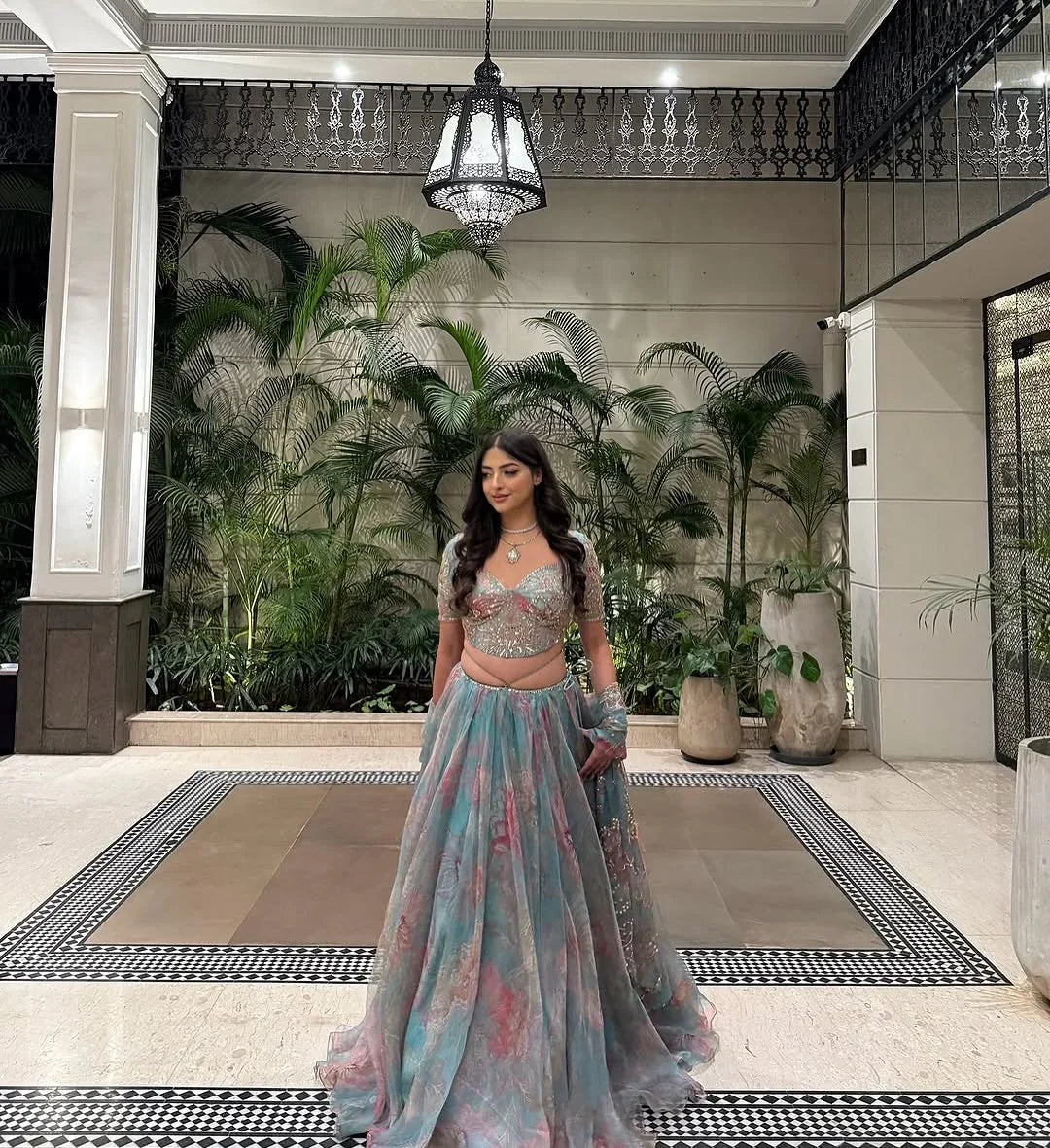 Rent Mahima Mahajan Aquamarine Organza Lehenga Set