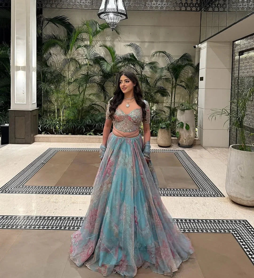 Rent Mahima Mahajan Aquamarine Organza Lehenga Set