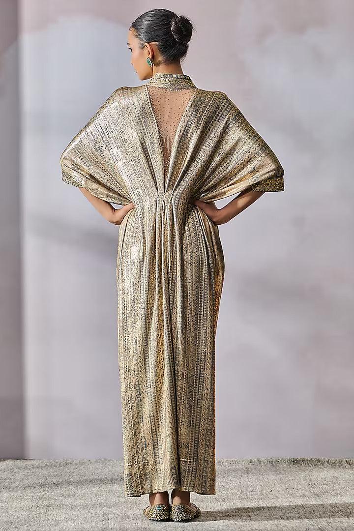 Oyster Color Foil Jersey Crystal Embellished & Printed Dress - Couture Encore