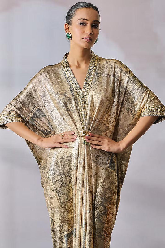 Oyster Color Foil Jersey Crystal Embellished & Printed Dress - Couture Encore