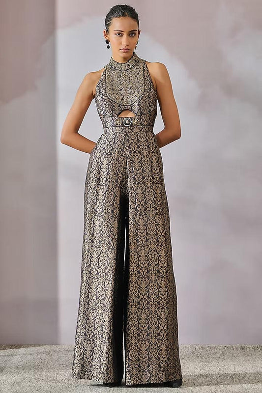 Black & Silver Brocade Embellished Jumpsuit - Couture Encore