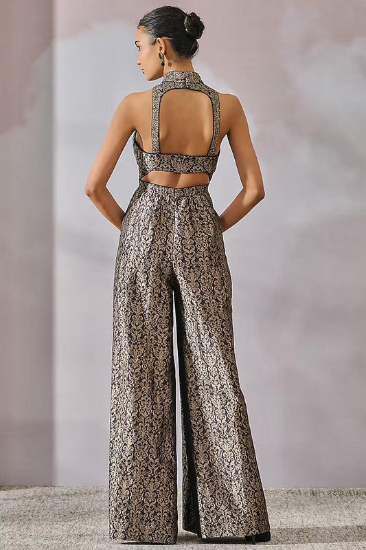 Black & Silver Brocade Embellished Jumpsuit - Couture Encore