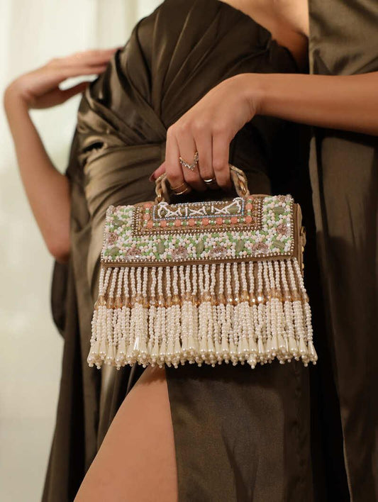 Rent Gold and Pearls Embellished Suede Box Bag - Couture Encore