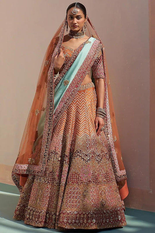 Angad Singh - Rust Raw Silk Applique embroidered Lehenga Set - Couture Encore