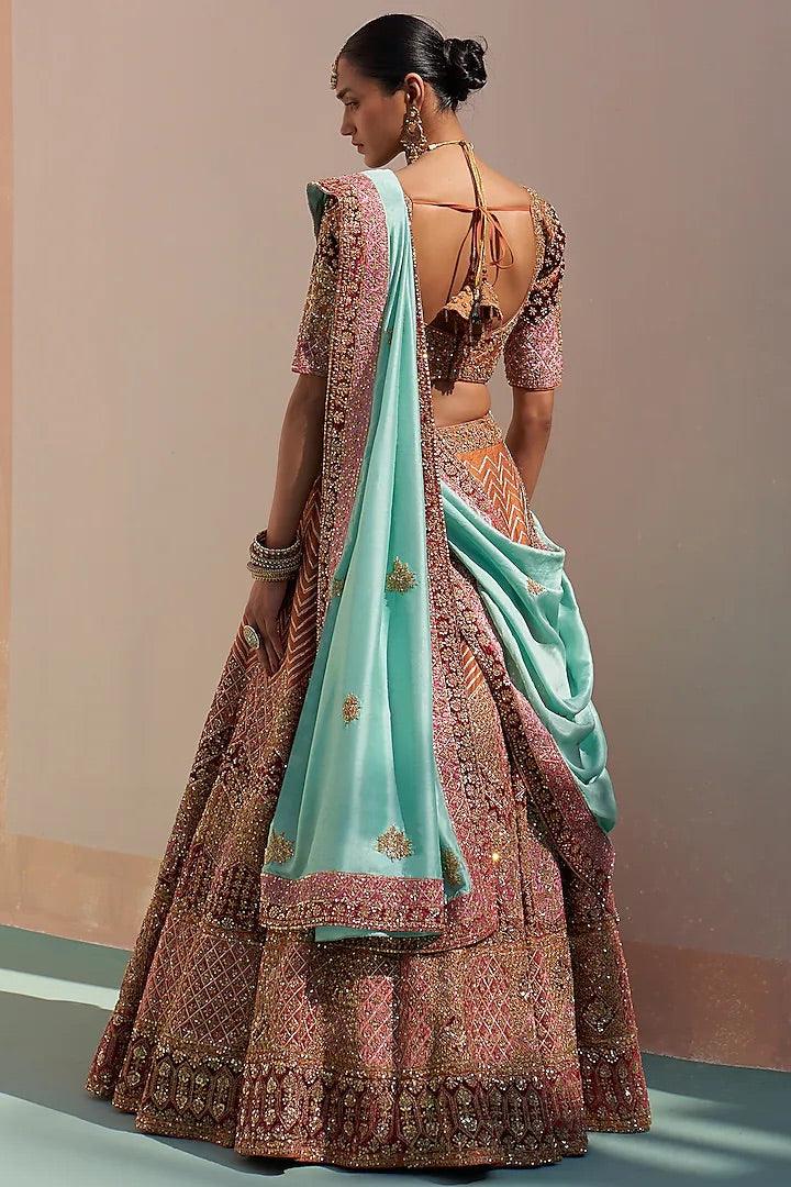 Angad Singh - Rust Raw Silk Applique embroidered Lehenga Set - Couture Encore