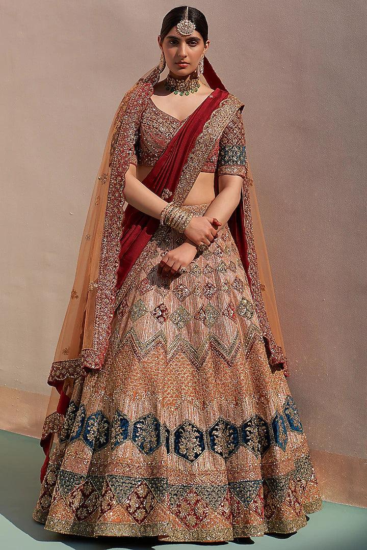 Rent - Nude Raw Silk Applique Embroidered Lehenga Set - Couture Encore