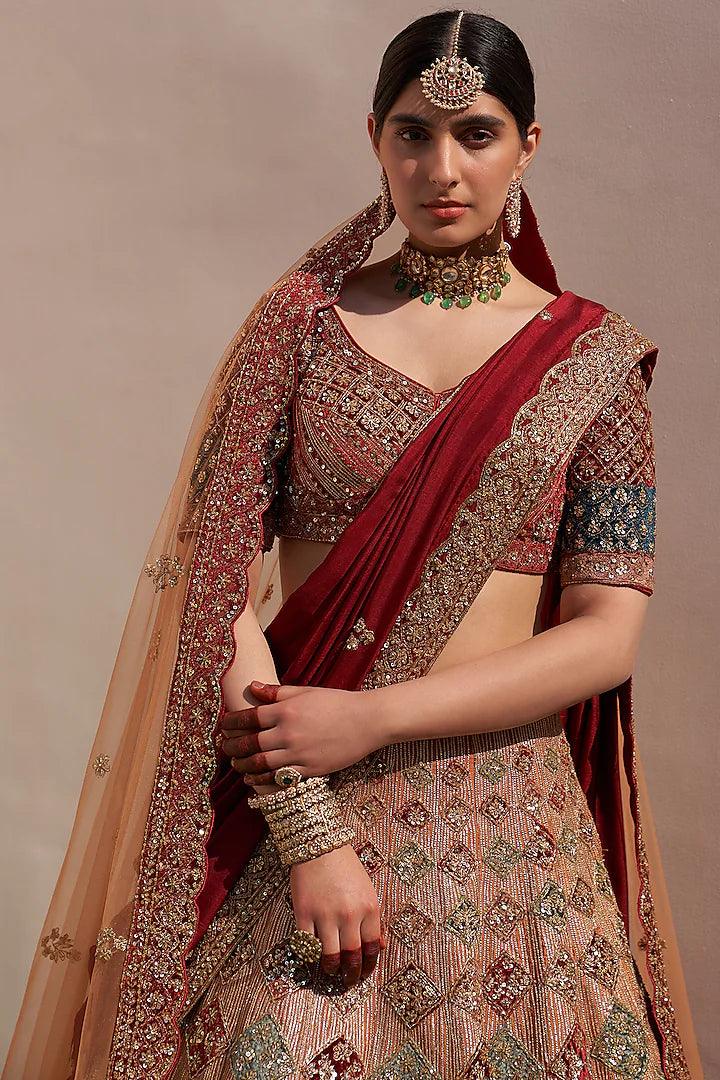 Rent - Nude Raw Silk Applique Embroidered Lehenga Set - Couture Encore