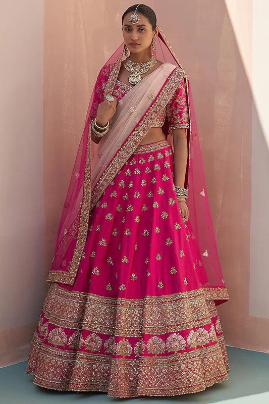 Angad Singh - Rani Pink Raw Silk Zardosi Embroidered Lehenga Set - Couture Encore