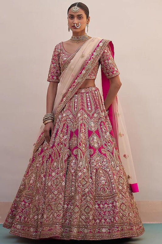 Angad Singh - Pink Raw Silk Zardosi Embroidered Lehenga Set - Couture Encore