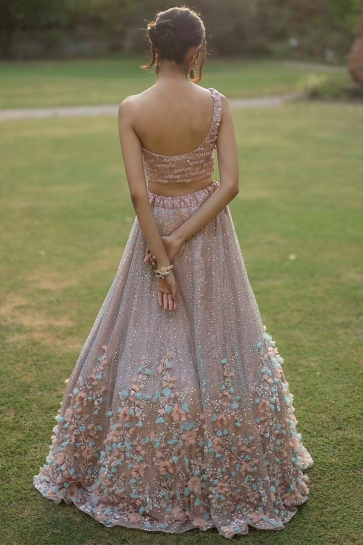 3D Sequin Peach Net Sequins Embellished Lehenga Set - Couture Encore