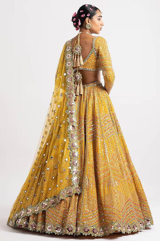 Vvani By Vani Vats - Yellow Georgette Zari Embroidered Lehenga Set - Couture Encore