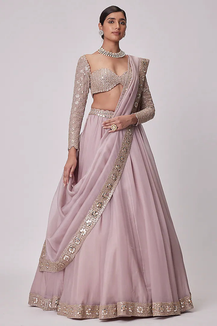 Rent Vvani By Vani Vats Ash Pink Organza Lehenga Set