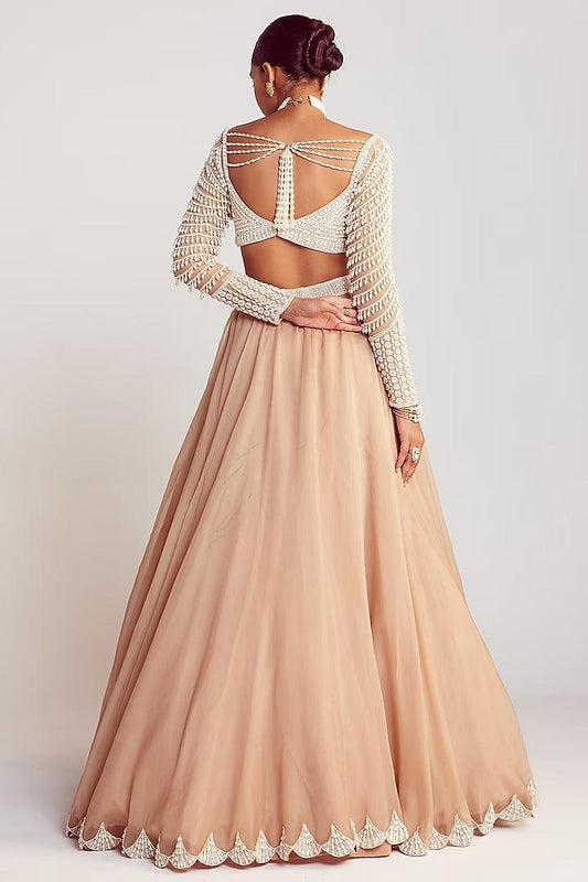 Rent - Beige Organza Pearl Embellished Lehenga Set - Couture Encore
