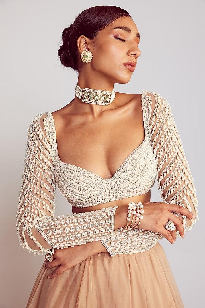 Rent - Beige Organza Pearl Embellished Lehenga Set - Couture Encore