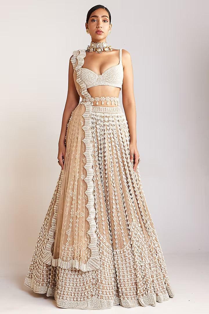 Rent Vvani by Vani Vats Beige Georgette Pearl Embellished Lehenga Set