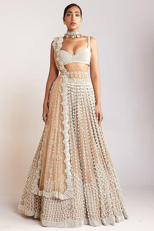 Rent Vvani by Vani Vats Beige Georgette Pearl Embellished Lehenga Set