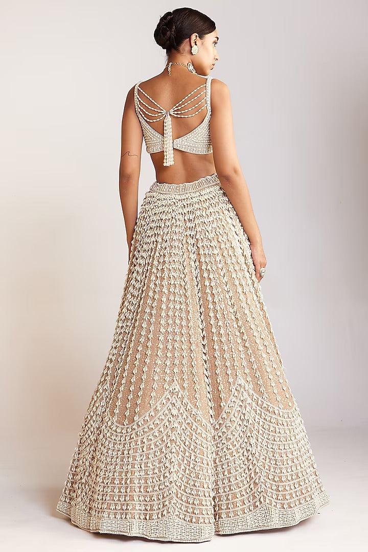 Rent Vvani by Vani Vats Beige Georgette Pearl Embellished Lehenga Set