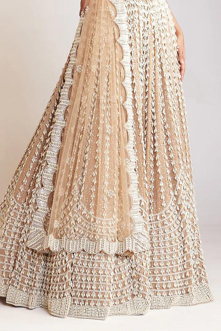 Rent Vvani by Vani Vats Beige Georgette Pearl Embellished Lehenga Set