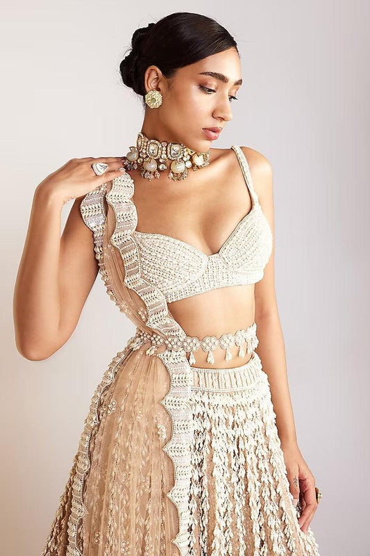 Rent Vvani by Vani Vats Beige Georgette Pearl Embellished Lehenga Set