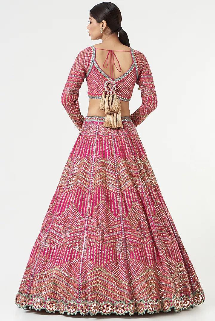 Vvani By Vani Vats - Fuchsia Georgette Geometric Embellished Lehenga Set - Couture Encore
