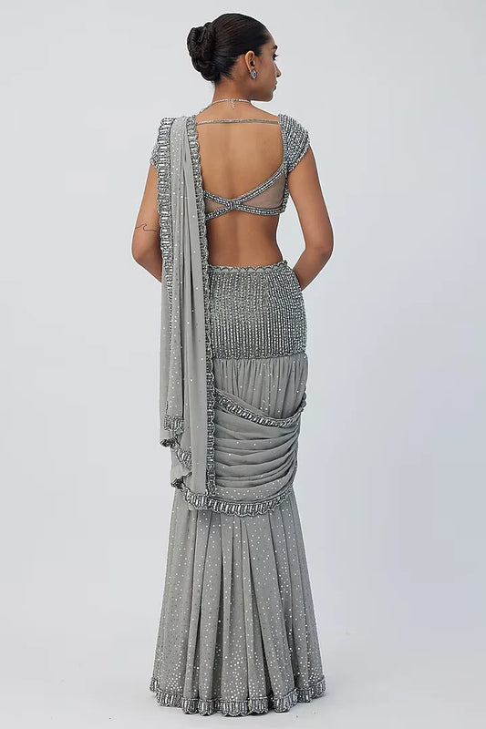 Rent Vvani By Vani Vats Grey Georgette Hand Embroidered Pre-Draped Saree Set