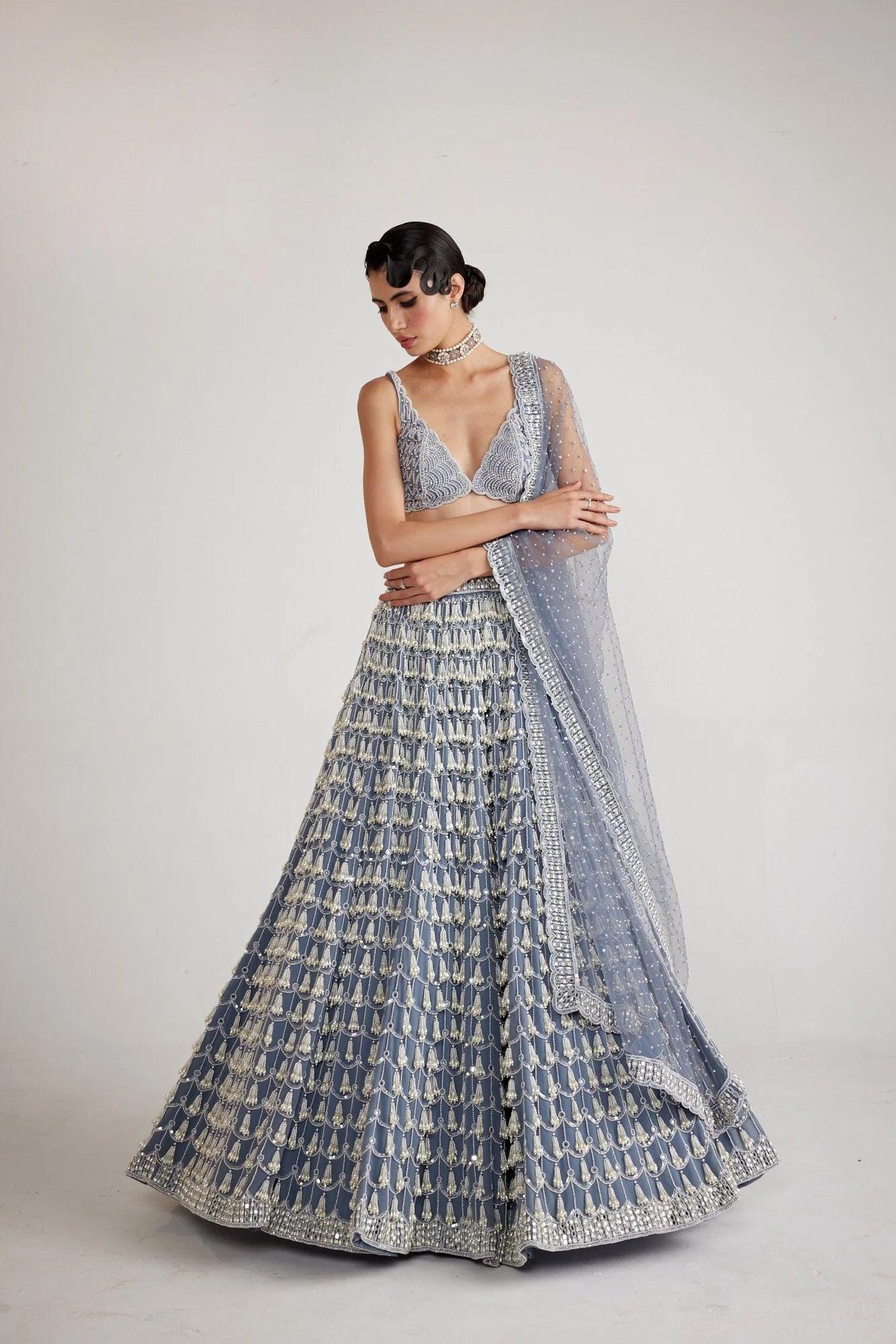 Rent Vvani by Vani Vats Dark Grey Chandelier Pearl Drop Lehenga Set - Couture Encore