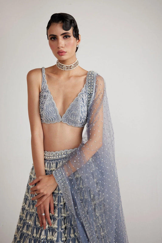 Rent Vvani by Vani Vats Dark Grey Chandelier Pearl Drop Lehenga Set - Couture Encore