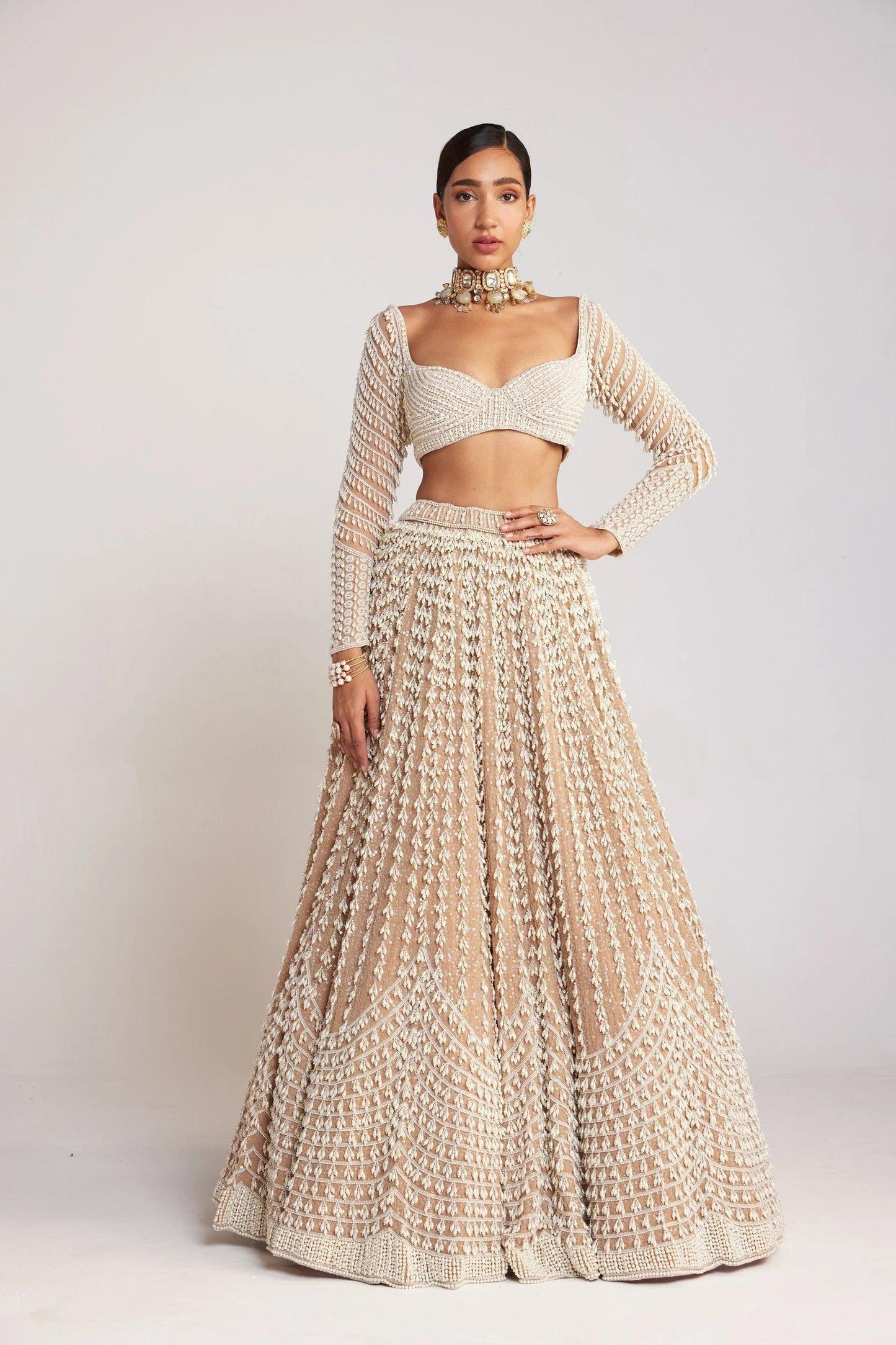 Rent Vvani By Vani Vats Beige Chandelier Pearl Lehenga Set - Couture Encore