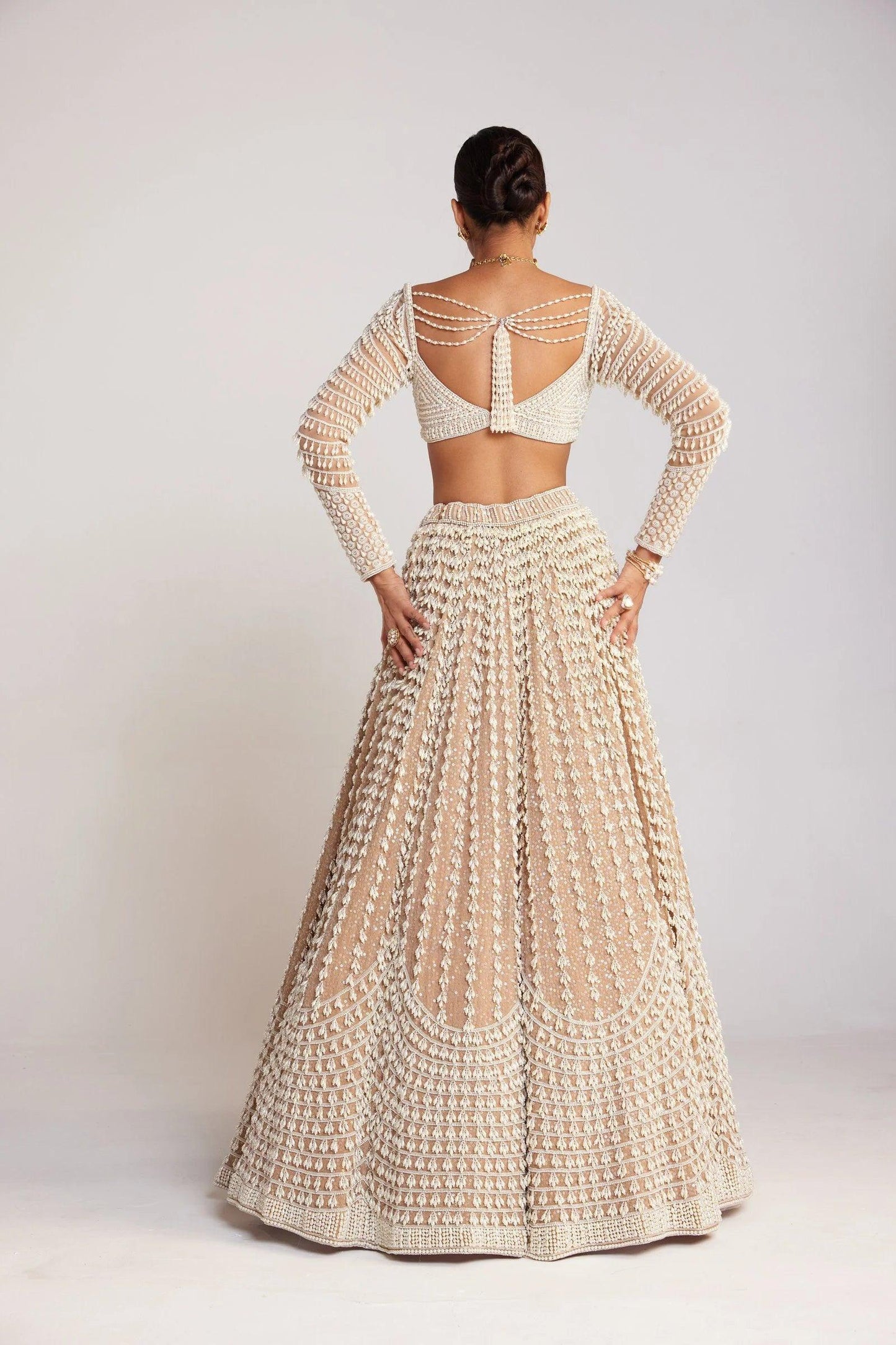 Rent Vvani By Vani Vats Beige Chandelier Pearl Lehenga Set - Couture Encore