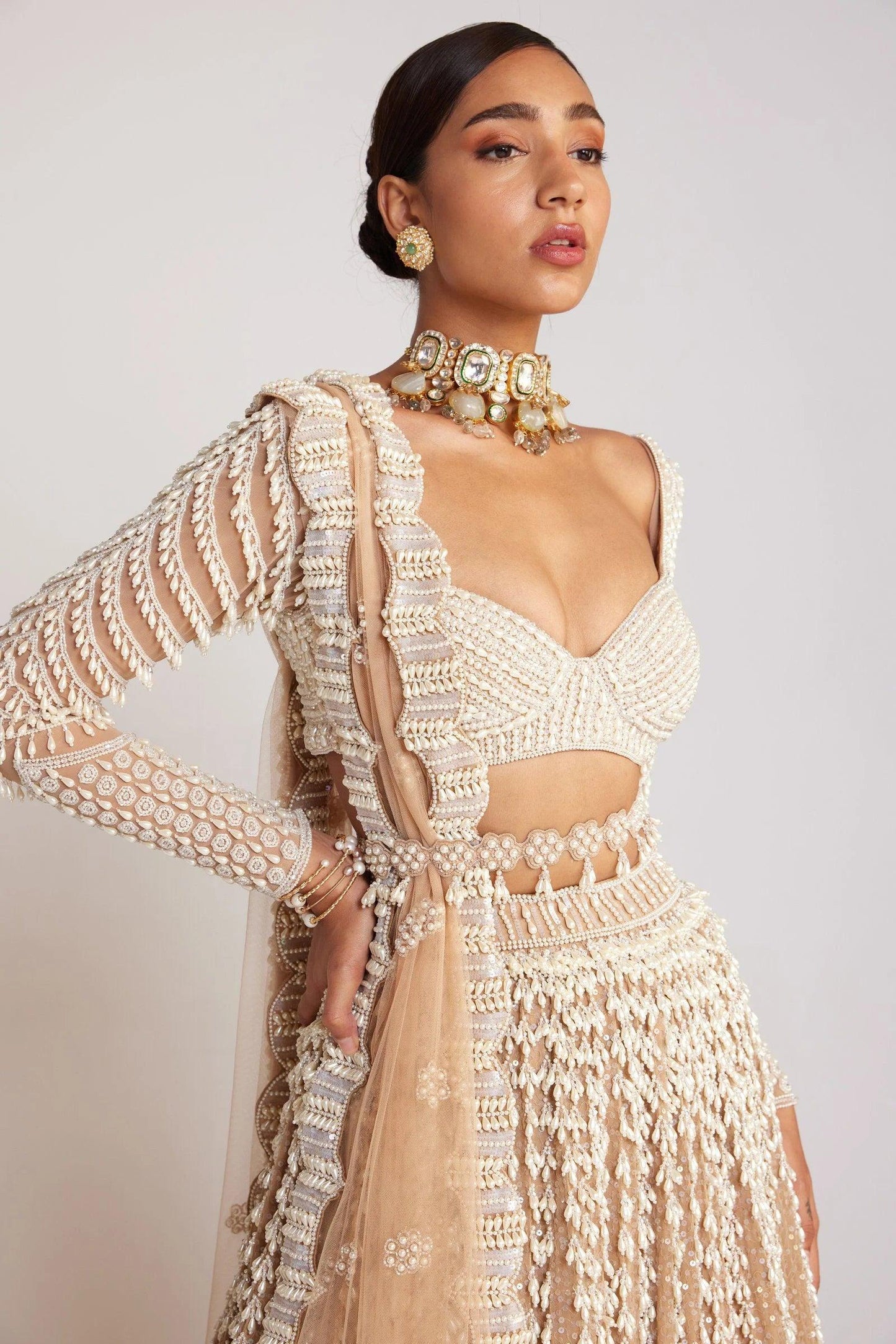 Rent Vvani By Vani Vats Beige Chandelier Pearl Lehenga Set - Couture Encore
