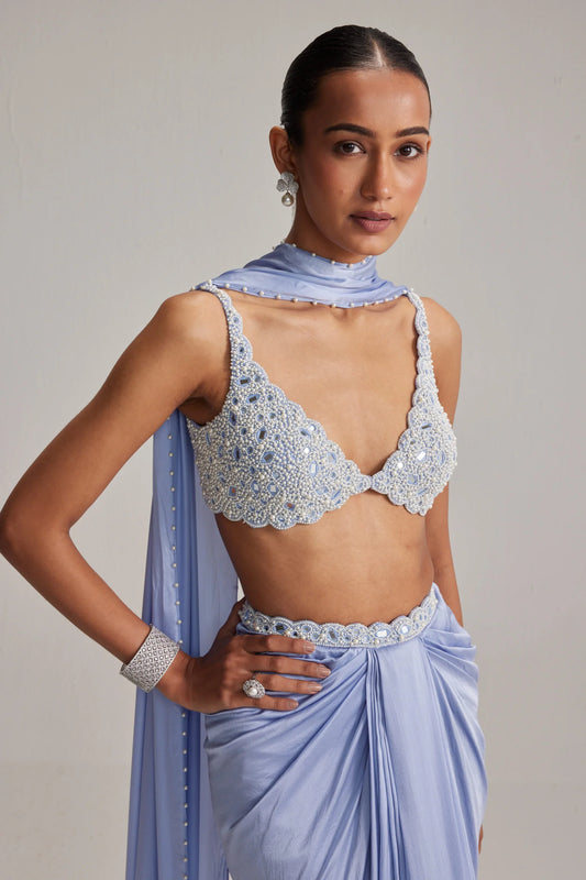 Rent Vani Vat Dew Blue Satin draped skirt Set