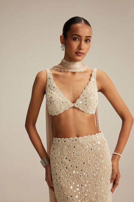 Rent Vani Vats Light Beige Dense Pearl and Mirror Pencil Skirt with V Neck Blouse
