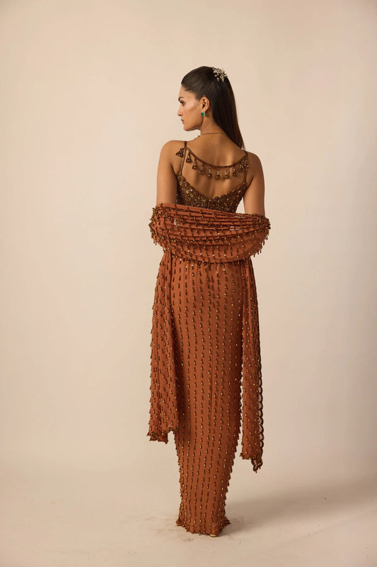 Rent Vani Vats Metallic Copper Single Drop Skirt Set