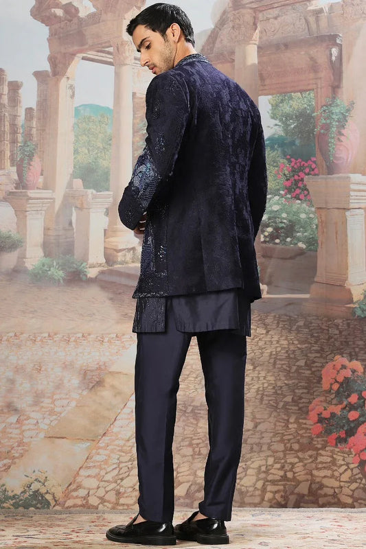 Rent Navy resham embroidered jacket kurta set