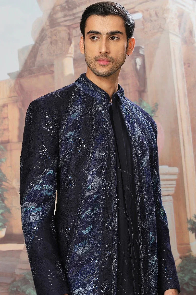 Rent Navy resham embroidered jacket kurta set