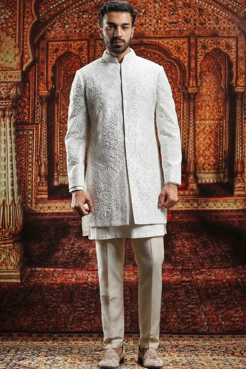 Rent Ivory French knot and bead sherwani set