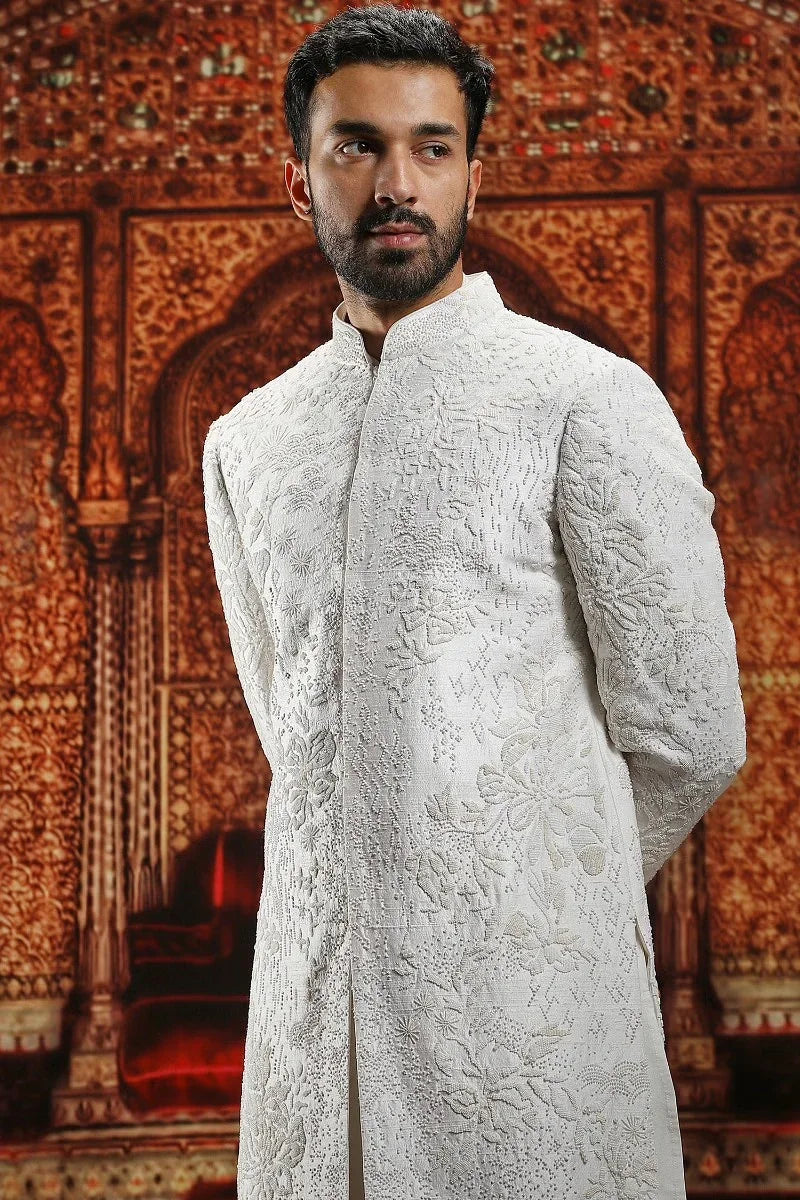 Rent Ivory French knot and bead sherwani set