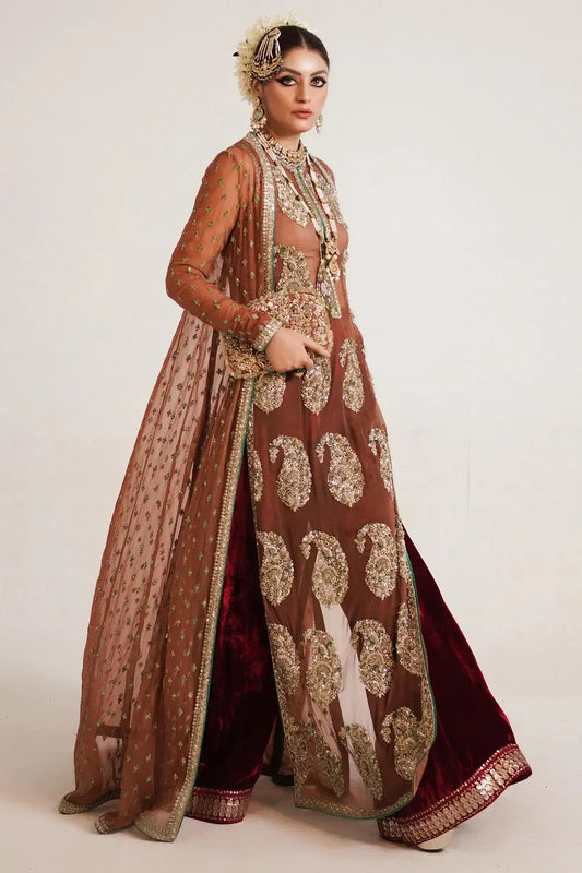 Rent Hussain Rehar Brown dabka embroidered kurta set