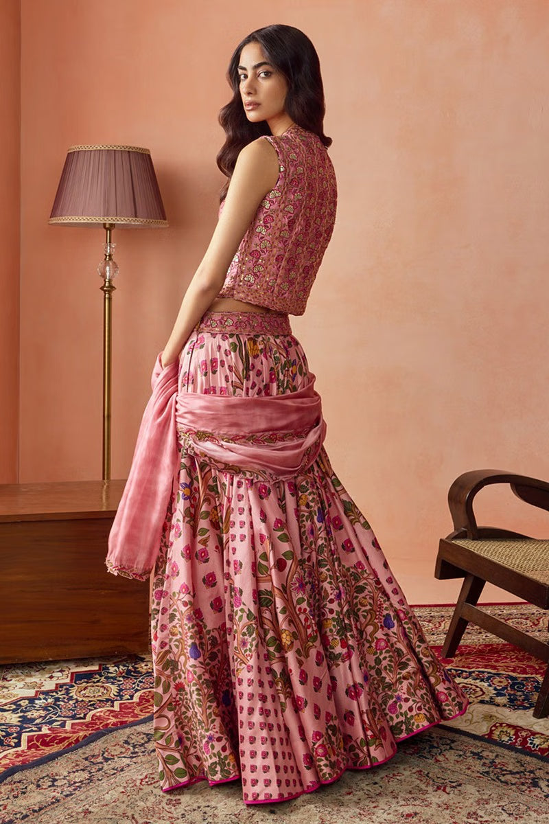 Rent Dusky pink floral printed lehenga and koti set