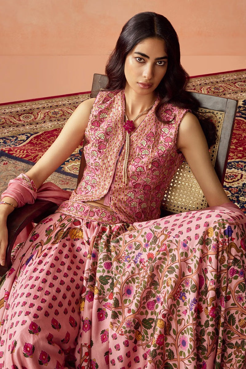 Rent Dusky pink floral printed lehenga and koti set