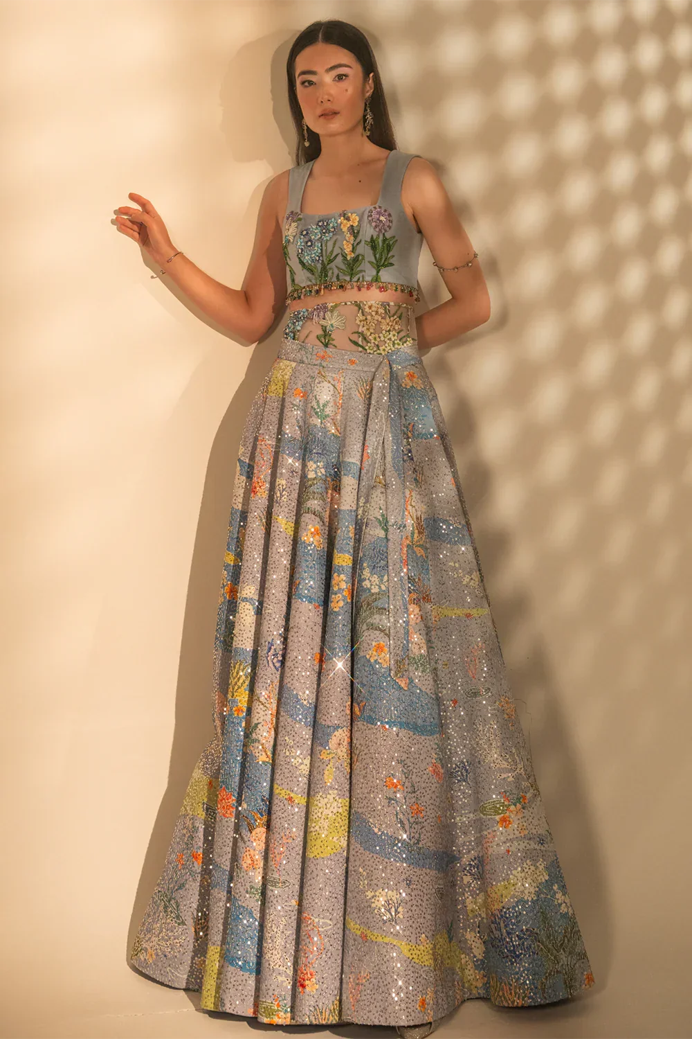 Rent Pure Silk Tulle Pastel Blue Floral Embellished Skirt Set