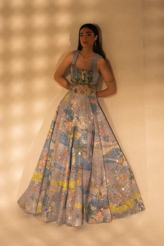 Rent Pure Silk Tulle Pastel Blue Floral Embellished Skirt Set