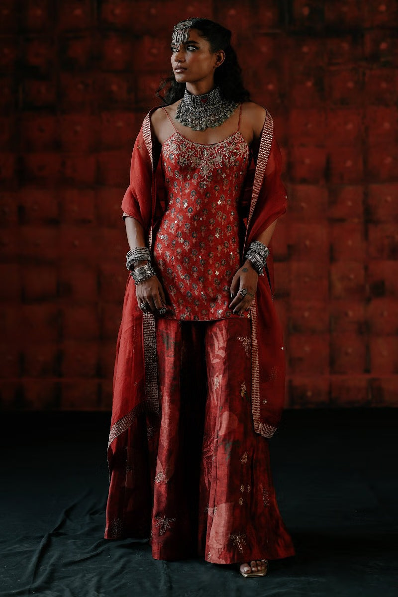Rent Drishti & Zahabia Brick red leaf printed embroidered sharara set
