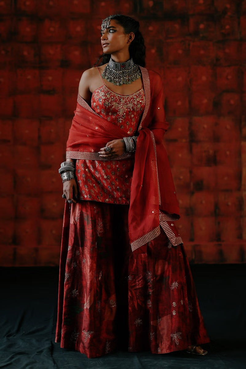 Rent Drishti & Zahabia Brick red leaf printed embroidered sharara set