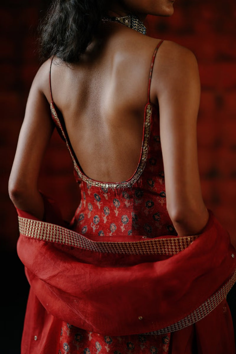 Rent Drishti & Zahabia Brick red leaf printed embroidered sharara set
