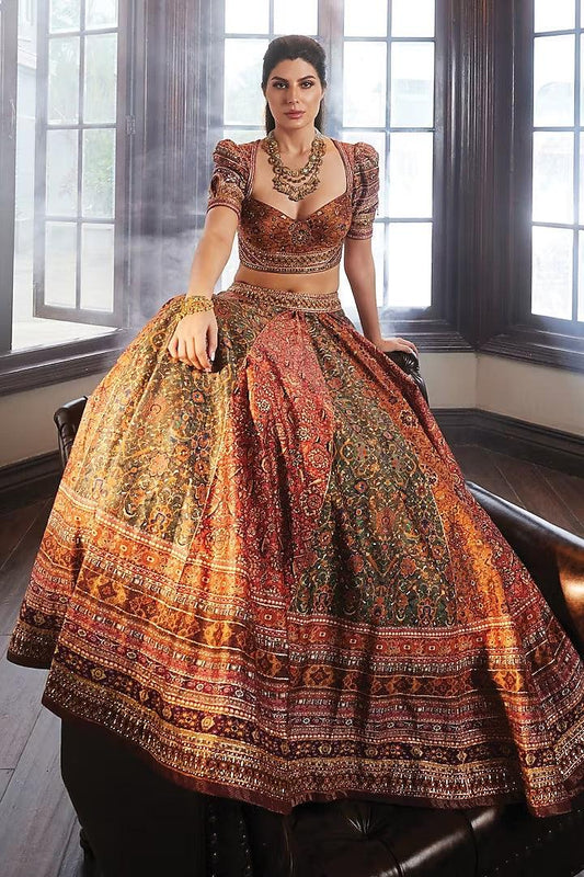 Rent Tarun Tahiliani Multi-Colored Silk Chanderi Printed Lehenga Set - Couture Encore
