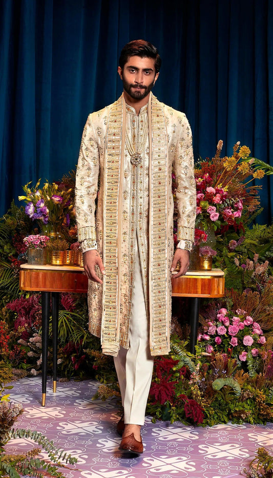 Papa Don't Preach By Shubhika - Adrian Men's Gold Sherwani Set - Couture Encore